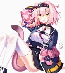  1girl animal_ears arknights arm_behind_head arm_support aro_1801 belt black_collar black_footwear black_hairband black_skirt blue_bow blue_jacket bow braid cat_ears cat_girl cat_tail collar commentary goldenglow_(arknights) hair_between_eyes hair_bow hair_ornament hairband hairclip high-waist_skirt hood hood_down hooded_jacket id_card jacket knees_up light_blush lightning_bolt_print long_hair looking_at_viewer multicolored_clothes multicolored_jacket open_clothes open_jacket open_mouth pink_belt pink_hair pink_jacket pleated_skirt pocket shirt side_braid simple_background single_braid single_tear sitting skirt solo tail thighhighs thighs twitter_username white_background white_shirt white_thighhighs yellow_eyes 