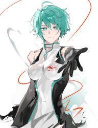  1girl alternate_breast_size alternate_hair_length alternate_hairstyle aqua_eyes aqua_hair black_gloves breasts choker closed_mouth commentary covered_navel foreshortening gloves hair_between_eyes hatsune_miku highres light_smile looking_at_viewer medium_breasts nykim0915 racing_miku racing_miku_(2011) reaching reaching_towards_viewer shiny_clothes short_hair simple_background sleeveless solo upper_body vocaloid white_background wire 
