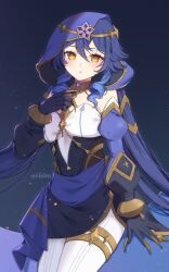  1girl artist_name bare_shoulders black_gloves blue_background blue_hair blue_hood blush bodysuit bodysuit_under_clothes bracelet breasts circlet detached_sleeves drill_hair drill_sidelocks gem genshin_impact gloves gold_bracelet hair_between_eyes hair_ornament hand_up highres hood jewelry juliet_sleeves layla_(genshin_impact) long_hair long_sleeves looking_at_viewer low_twintails medium_breasts neck_ring puffy_detached_sleeves puffy_long_sleeves puffy_sleeves purple_gemstone shizukodesu sidelocks simple_background solo teeth twintails white_bodysuit yellow_eyes 