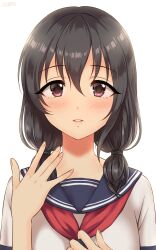  1girl black_hair blue_sailor_collar blush breasts brown_eyes dot_nose fujiwara_hajime hair_between_eyes hair_tie hand_up highres idolmaster idolmaster_cinderella_girls idolmaster_cinderella_girls_starlight_stage long_hair looking_at_viewer low_twintails medium_breasts neckerchief parted_lips red_neckerchief sailor_collar school_uniform serafuku shirt short_sleeves signature simple_background smile solo twintails upper_body wgm_oekaki white_background white_serafuku white_shirt 
