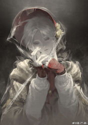  1girl absurdres ascot bloodborne blue_eyes bonnet cloak commentary_request crying doll doll_joints flower hat hat_flower highres jiao_chang joints plain_doll red_ascot sleeves_past_wrists tears white_hair 