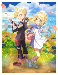  1boy 1girl =_(9_yawbus) absurdres ahoge backpack bag blonde_hair brother_and_sister bush closed_mouth cloud commentary_request creatures_(company) day eyelashes falling_petals fanny_pack fence flower game_freak gladion_(pokemon) grass green_eyes highres holding_strap hood hood_down lillie_(pokemon) long_hair nintendo outdoors pants petals pink_bag pleated_skirt pokemon pokemon_sm ponytail red_bag red_footwear shirt shoes short_hair short_sleeves siblings skirt sky smile socks standing white_shirt white_skirt  rating:General score:4 user:danbooru