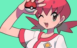  1girl ;d brown_eyes commentary_request creatures_(company) eyelashes game_freak green_background happy holding holding_poke_ball long_hair nintendo one_eye_closed open_mouth pink_hair poke_ball pokemon pokemon_gsc shirt short_sleeves simple_background smile solo twintails tyako_089 upper_body white_shirt whitney_(pokemon) 