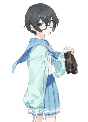  1girl alternate_costume alternate_hair_length alternate_hairstyle bag black_hair blue_cardigan blue_ribbon blue_sailor_collar blue_skirt cardigan cevio closed_mouth commentary expressionless feet_out_of_frame from_side glasses green_eyes hanakuma_chifuyu highres hitogome holding holding_bag holding_shoes loafers neck_ribbon open_cardigan open_clothes ribbon sailor_collar shirt shoes short_hair simple_background skirt solo standing symbol-only_commentary synthesizer_v white_shirt 