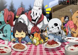  1girl 1other 3boys =_= androgynous black_sclera black_tank_top blue_jacket blue_skin blue_sweater blurry blurry_background brown_hair building bulging_eyes burgerpants cape cel_shading cheering chef_hat child clenched_hand colored_sclera colored_skin commentary copyright_name cup eating eating_contest eyepatch fins flowey_(undertale) food food_on_face fork frisk_(undertale) gloves grin hat head_fins highres holding holding_fork hood hood_down hooded_jacket jacket kamezaemon ketchup long_sleeves mettaton multiple_boys one_eye_closed open_mouth outdoors papyrus_(undertale) pasta pine_tree pink_shirt plate plate_stack ponytail red_cape red_gloves red_hair sans shirt short_hair short_sleeves skeleton smile spaghetti steam sweat sweater swept_bangs table tablecloth tank_top tearing_up tree undertale undyne upper_body 
