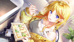  1girl :d ahoge bare_shoulders blonde_hair blue_eyes breasts broccoli chair chopsticks collarbone commentary_request dutch_angle fujima_takuya grey_shirt hair_between_eyes highres highspeed_etoile holding holding_chopsticks jacket long_hair long_sleeves looking_at_viewer medium_breasts multicolored_hair off-shoulder_shirt off_shoulder on_chair open_clothes open_jacket open_mouth orange_hair puffy_long_sleeves puffy_sleeves shirt sitting sleeves_past_wrists smile solo sophia_b_tokitou streaked_hair table tile_floor tiles yellow_jacket 