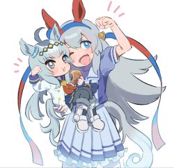  2girls :t ahoge animal_ears baby_carry blue_eyes blue_skirt boots bow bowtie bright_pupils carrying clenched_hand coat ear_ornament eating fangs flexing food grey_eyes grey_hair hair_ornament hairband headband highres holding holding_food horse_ears horse_girl horse_tail long_hair mini_person minigirl multiple_girls nara_123 notice_lines oguri_cap_(umamusume) one_eye_closed open_mouth pleated_skirt purple_shirt sailor_collar school_uniform shirt short_sleeves skirt smile standing tail tamamo_cross_(umamusume) tracen_school_uniform umamusume white_coat white_pupils white_skirt 