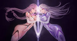  2girls absurdres android bare_shoulders bodysuit breast_press breasts covered_navel elbow_gloves gloves grey_hair hair_between_eyes hair_ornament highleg highleg_leotard highres large_breasts leotard long_hair multicolored_hair multiple_girls navel purple_eyes purple_hair red_eyes reina_(xipuria) science_fiction shiny_clothes sky_diver_xipuria streaked_hair symmetrical_docking thighhighs white_gloves zhuore_zhi_hen 