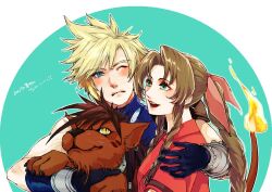  1girl 2boys aerith_gainsborough animal aqua_background arm_around_shoulder black_gloves blonde_hair blue_eyes blue_shirt blush braid braided_ponytail brown_hair bswc closed_mouth cloud_strife earrings facial_mark feather_hair_ornament feathers final_fantasy final_fantasy_vii final_fantasy_vii_rebirth final_fantasy_vii_remake flame-tipped_tail gloves green_eyes hair_between_eyes hair_ornament hair_ribbon jacket jewelry long_hair multiple_boys one_eye_closed open_mouth orange_fur parted_lips pink_ribbon red_jacket red_xiii ribbon shirt short_hair sidelocks single_braid sleeveless sleeveless_turtleneck smile spiked_hair turtleneck upper_body wavy_hair white_background yellow_eyes 