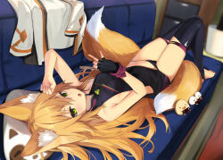  1girl animal_ear_fluff animal_ears black_gloves black_panties black_thighhighs blonde_hair breasts couch fingerless_gloves fox_ears fox_girl fox_tail full_body gloves green_eyes highres jacket kokonoe_tsubaki long_hair looking_at_viewer lying multiple_tails on_back on_couch open_mouth original panties popsicle_stick sideless_outfit single_fingerless_glove small_breasts stirrup_legwear tail thighhighs toeless_legwear two_tails underwear unworn_jacket white_jacket yoshizawa_tsubaki 