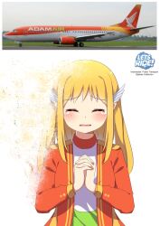 1girl aircraft airplane blonde_hair blush closed_eyes crying green_skirt head_wings highres ikazu401 interlocked_fingers jacket long_sleeves original own_hands_together personification photo-referenced red_jacket shirt sidelocks simple_background skirt solo tears teeth upper_body upper_teeth_only vehicle_and_personification white_background white_shirt wings 