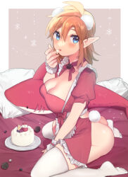  1girl alternate_costume ass blonde_hair blue_eyes blush breasts butt_crack cake choker cleavage dress enmaided fake_tail food genderswap genderswap_(mtf) highres large_breasts link maid medium_hair nintendo no_panties no_shoes pillow pink_background plate puffy_short_sleeves puffy_sleeves rabbit_tail red_choker red_dress short_sleeves snowflake_print solo stuffed_animal stuffed_shark stuffed_toy tail the_legend_of_zelda the_legend_of_zelda:_breath_of_the_wild thighhighs ttanuu. white_thighhighs wrist_cuffs  rating:Questionable score:9 user:danbooru