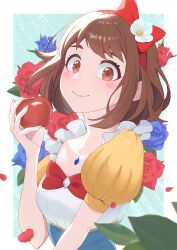  1girl apple blue_flower boku_no_hero_academia bow breasts brown_eyes brown_hair cosplay dress flower food fruit hairband highres holding holding_food holding_fruit jewelry looking_at_viewer matsumotoshinnnosuke multicolored_clothes multicolored_dress necklace puffy_short_sleeves puffy_sleeves red_apple red_bow red_flower red_hairband short_sleeves small_breasts smile snow_white snow_white_(grimm) snow_white_(grimm)_(cosplay) solo uraraka_ochako 