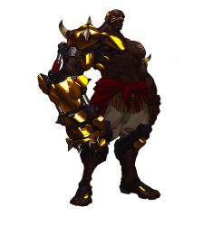  1boy akande_ogundimu armor arnold_tsang bald boots dark-skinned_male dark_skin doomfist_(overwatch) gold highres long_arms looking_at_viewer male_focus mechanical_parts metal_arm muscular official_art overwatch overwatch_1 pants prothesis simple_background solo spiked_knuckles standing tattoo tribal_tattoo white_background 