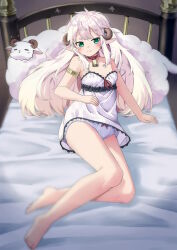  1girl absurdres animal_ears bare_arms bare_legs bare_shoulders barefoot bell blush bow bow_panties breasts closed_mouth collar commentary_request dress green_eyes head_tilt highres horns long_hair looking_at_viewer neck_bell neck_ribbon on_bed original panties pointy_ears red_collar red_ribbon ribbon sekira_ame sheep_ears sheep_girl sheep_horns sleeveless sleeveless_dress small_breasts smile solo strap_slip underwear very_long_hair white_dress white_hair white_panties 