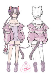  1girl animal_ears bag bare_shoulders bow breasts cat_ears cat_girl cat_tail cleavage dress facing_away from_behind full_body fur-trimmed_dress fur_collar fur_trim grey_dress grey_tail hair_between_eyes hair_bow hairband handbag hitowa holding holding_bag jacket jacket_partially_removed long_hair looking_at_viewer medium_breasts multicolored_hair multiple_views off-shoulder_dress off_shoulder open_clothes open_jacket original parted_lips partially_colored pink_bow pink_eyes pink_footwear pink_jacket ponytail purple_bow purple_hairband shoes sidelocks simple_background streaked_hair tail thigh_strap very_long_hair white_background white_bag white_hair 