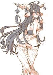 10s 1girl arutera ass bare_shoulders black_hair blush breasts danua draph dress fingerless_gloves from_behind gloves granblue_fantasy hair_between_eyes highres horns large_breasts long_hair looking_at_viewer looking_back parted_lips pointy_ears red_eyes simple_background solo very_long_hair white_background white_dress rating:Sensitive score:19 user:danbooru