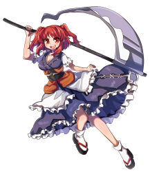  1girl :d black_footwear blue_dress breasts cleavage commentary dress full_body hair_bobbles hair_ornament highres holding holding_scythe looking_at_viewer medium_breasts obi one-hour_drawing_challenge onozuka_komachi open_mouth red_eyes red_hair renshirenji sash scythe short_sleeves simple_background smile socks solo teeth touhou two_side_up upper_teeth_only white_background white_socks  rating:General score:5 user:danbooru