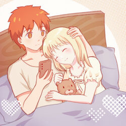 1boy 1girl absurdres artoria_pendragon_(all) artoria_pendragon_(fate) bed blonde_hair closed_eyes closed_mouth commentary_request couple emiya_shirou fate/stay_night fate_(series) hand_on_another&#039;s_head headboard heart highres holding holding_phone indoors kisaragi_kaede light_smile orange_hair phone pillow saber_(fate) stuffed_animal stuffed_lion stuffed_toy  rating:General score:2 user:danbooru