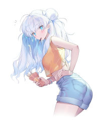  1girl absurdres ahoge bare_arms blue_eyes blue_hair blue_shorts blush breasts commentary crop_top cropped_legs food food_in_mouth from_side hair_bun hair_ornament hairclip hand_on_own_hip highres holding holding_food leaning_forward looking_to_the_side medium_breasts mouth_hold multicolored_hair orange_shirt original pocky seoji shirt short_shorts shorts silver_hair simple_background single_hair_bun sleeves_past_wrists solo streaked_hair white_background wristband  rating:Sensitive score:7 user:danbooru