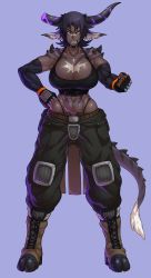 1girl abs absurdres bandaid bandaid_on_face bandaid_on_nose bare_shoulders belt black_gloves black_hair boots breasts broken_horn cargo_pants choker cleavage clenched_hands combat_boots commentary_request constricted_pupils crop_top dark-skinned_female dark_skin dragon_girl dragon_horns dragon_tail elbow_gloves eyebrows fangs fingerless_gloves full_body gloves hand_on_own_hip highleg highleg_panties highres horns huge_breasts hutago jewelry makeup mascara mole mole_under_eye monster_girl muscular muscular_female narrow_waist navel_piercing orange_eyes original panties pants pendant piercing pointy_ears scar short_hair solo tail tank_top tsurime unbuttoned underwear rating:Sensitive score:108 user:danbooru
