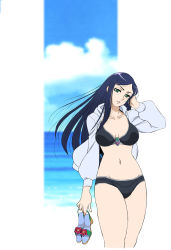  1girl bikini black_bikini blue_hair blush breasts cloud cloudy_sky commentary_request feet_out_of_frame green_eyes highres holding holding_shoes jacket kuga_natsuki lips long_hair medium_breasts my-hime navel ocean open_clothes open_jacket parted_lips sabachiyo_land shoes sky solo stomach swimsuit 