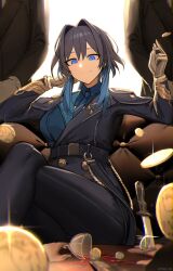  1girl black_hair blue_eyes blue_hair blue_necktie coin epaulettes gold_coin hand_on_own_face hand_up highres hololive hololive_english jacket knife kotodekun looking_at_viewer looking_down military_jacket military_uniform necktie official_alternate_costume ouro_kronii ouro_kronii_(4th_costume) sitting smile solo spill uniform virtual_youtuber 