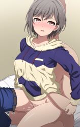  1boy 1girl bang_dream! bang_dream!_it&#039;s_mygo!!!!! belt black_hair blush breast_groping breasts clothed_sex collarbone denim female_focus from_side grabbing grabbing_another&#039;s_breast grey_background groin groping hetero highres hood hoodie implied_sex jeans legs looking_back medium_hair noshimurin open_mouth paid_reward_available panties panties_around_leg pants pants_around_one_leg pussy_juice sex short_hair sitting solo_focus takamatsu_tomori underwear white_panties  rating:Questionable score:18 user:BornToFap