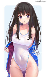  1girl :o arm_behind_back artist_name black_hair blue_jacket blush collarbone covered_navel gluteal_fold highres hong_(white_spider) inoue_takina jacket long_hair looking_at_viewer lycoris_recoil off_shoulder one-piece_swimsuit parted_lips patreon_username purple_eyes solo swimsuit thighs wet wet_hair white_one-piece_swimsuit  rating:Sensitive score:57 user:danbooru