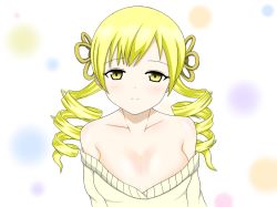  10s 1girl bare_shoulders blonde_hair blush breasts cleavage closed_mouth drill_hair hair_ornament large_breasts long_hair looking_at_viewer mahou_shoujo_madoka_magica matching_hair/eyes no_bra off_shoulder silver_(252aries) smile solo sweater tomoe_mami twin_drills twintails upper_body yellow_eyes 