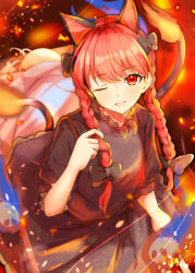  1girl animal_ears black_bow blush bow braid cat_ears cat_girl cat_tail chilwell_seele commentary dress extra_ears fang fire hair_bow hand_in_own_hair highres kaenbyou_rin long_hair looking_at_viewer multiple_tails nekomata one_eye_closed open_mouth red_eyes red_hair skull smile solo tail touhou twin_braids two_tails 