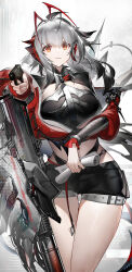  1girl absurdres antennae arknights black_shorts breasts cowboy_shot crop_top cropped_jacket grey_hair gun handgun highres holding holding_gun holding_weapon jacket large_breasts long_hair looking_at_viewer open_clothes open_jacket parted_lips red_eyes red_jacket shorts solo standing thigh_gap weapon white_background wis&#039;adel_(arknights) yushe_quetzalli 