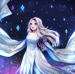  1girl blonde_hair blue_background blue_dress blue_eyes blue_leggings collarbone crystal dress elsa_(frozen) frozen_(disney) frozen_ii_(disney) leggings lips long_dress long_hair long_sleeves looking_up off-shoulder_dress off_shoulder official_alternate_hairstyle open_mouth outstretched_arms sasucchi95 smile solo teeth upper_teeth_only wavy_hair 