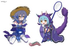  2girls blue_hair blue_kimono blue_mouth bridal_gauntlets butterfly_net caterpillar dragon_girl dragon_horns dragon_tail duel_monster full_body gloves grey_hair hand_net hat horns japanese_clothes jetihyeon kimono laundry_dragonmaid looking_at_animal maid multiple_girls needle_worm signature siren_(mythology) smile straw_hat tail tearlaments_merrli wa_maid white_background yellow_eyes yu-gi-oh!  rating:Sensitive score:2 user:danbooru
