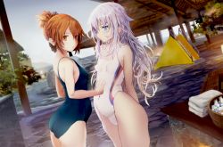 2girls armpit_peek arms_behind_back ass bad_id bad_pixiv_id bare_arms bare_legs bare_shoulders black_one-piece_swimsuit blush breasts brown_eyes brown_hair bucket closed_mouth collarbone competition_swimsuit day folded_ponytail hair_between_eyes hair_ornament hair_up hairclip hand_on_another&#039;s_stomach hibiki_(kancolle) inazuma_(kancolle) kantai_collection long_hair looking_at_viewer mountain multiple_girls ocean one-piece_swimsuit open_mouth outdoors pool poolside pregnant school_swimsuit short_hair sidelocks silver_hair slide small_breasts swimsuit thighs towel water white_one-piece_swimsuit rating:Sensitive score:30 user:danbooru
