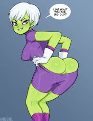 1girl afrobull alien ass breasts cheelai cleft_of_venus clothes_pull colored_skin dragon_ball dragon_ball_super eyebrows female_focus gloves green_skin highres purple_eyes pussy short_hair shorts sideboob simple_background smile solo uncensored white_hair rating:Explicit score:150 user:redlight1