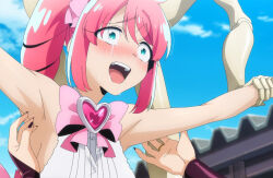 1girl armpits arms_up blush bow breasts crying crying_with_eyes_open drill_hair hanabishi_haruka highres laughing magia_magenta magical_girl mahou_shoujo_ni_akogarete mannequin medium_breasts official_art open_mouth outdoors pink_hair restrained ribbon screencap sideboob stitched tagme tears teeth third-party_edit tickling torn_clothes twin_drills twintails  rating:Questionable score:19 user:KRider19