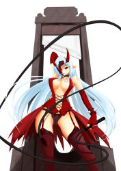  1girl arm_behind_back arm_up bad_id bad_pixiv_id bare_shoulders black_panties blue_hair bracelet breasts cameltoe crotch demon_girl dominatrix elbow_gloves fatkewell fingerless_gloves from_below garter_straps gloves guillotine horns jewelry large_breasts long_hair looking_at_viewer mask mouth_hold nail_polish panties pointy_ears ragnarok_online red_eyes red_panties red_thighhighs simple_background solo spiked_bracelet spikes standing thigh_gap thighhighs underwear whip white_background zealotus zherlthsh  rating:Sensitive score:43 user:danbooru