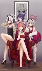  4girls armchair aru_(blue_archive) aru_(dress)_(blue_archive) bare_legs bare_shoulders black_bow black_bowtie black_choker black_dress black_footwear black_hair blue_archive blush bow bowtie breasts chair choker cleavage closed_mouth crossed_legs demon_horns dress elbow_rest feather_boa fishnet_pantyhose fishnets frilled_dress frills full_body gloves grey_halo grin hair_ornament halo haruka_(blue_archive) haruka_(dress)_(blue_archive) high_heels highres horns jewelry kayoko_(blue_archive) kayoko_(dress)_(blue_archive) large_breasts leaning long_hair looking_at_viewer multicolored_hair multiple_girls mutsuki_(blue_archive) mutsuki_(dress)_(blue_archive) necklace official_alternate_costume open_mouth pantyhose picture_frame pink_hair pink_halo problem_solver_68_(blue_archive) purple_dress purple_eyes purple_hair purple_halo red_dress red_eyes red_footwear red_halo short_dress sitting small_breasts smile smodzz998 streaked_hair thighs white_gloves white_hair yellow_eyes 