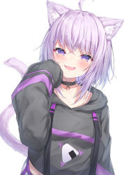 1girl :3 ahoge animal_ear_fluff animal_ears black_choker black_hoodie blush breasts cat_ears cat_tail cheek_squash choker commentary_request cowboy_shot fang hair_between_eyes hand_on_own_cheek hand_on_own_face highres hololive hood hoodie light_purple_hair looking_at_viewer medium_breasts medium_hair midriff nekomata_okayu nekomata_okayu_(1st_costume) onigiri_print open_mouth pants purple_eyes sleeves_past_fingers sleeves_past_wrists smile solo tail topia virtual_youtuber white_pants rating:Sensitive score:20 user:danbooru