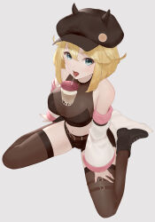  1girl anouetto bad_id bad_pixiv_id bare_shoulders belt black_footwear black_shorts black_thighhighs blonde_hair blue_eyes bubble_tea_challenge character_request commentary commission copyright_request crop_top detached_sleeves drinking_straw english_commentary grey_background hat highres looking_at_viewer navel on_ground open_mouth seiza short_hair short_shorts shorts simple_background sitting solo thighhighs tongue 