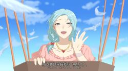  1girl bird blue_eyes blue_hair blue_sky breasts calling chinese_commentary chinese_text cleavage commentary_request day dove earrings enomoto_noa fake_screenshot frills hair_bobbles hair_ornament hand_up heart heart_necklace highres jewelry light_blue_hair low_ponytail mixed-language_text necklace open_mouth pink_shirt saibou_shinkyoku shirt side_ponytail sky smile solo star_(symbol) star_earrings teeth upper_teeth_only yong_ai_you_xun_ran 