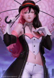  1girl artist_name breasts brown_eyes brown_hair cleavage frankieonaquest gloves hand_on_own_chest heterochromia highres legs looking_at_viewer makeup medium_breasts midriff navel neo_politan parted_lips pink_eyes pink_hair pink_lips rwby seductive_gaze seductive_smile smile solo thighs umbrella 