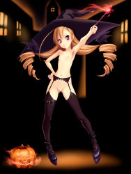  1girl armpits brown_hair cleft_of_venus drill_hair flat_chest garter_belt garter_straps halloween hat highres jack-o&#039;-lantern loli nipples norizou_type-r original pumpkin pussy red_eyes solo thighhighs topless twintails uncensored wand witch witch_hat  rating:Explicit score:58 user:danbooru