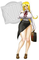  1girl bare_legs blonde_hair blush breasts colored_skin curvy full_body highres highschool_of_the_dead huge_breasts large_breasts legs long_hair looking_at_viewer marikawa_shizuka open_mouth school_nurse simple_background skirt smile solo standing thighs torn_clothes torn_skirt white_background white_skin wide_hips xiii yellow_eyes  rating:Questionable score:35 user:Waifuholic