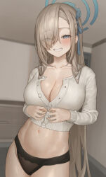 1girl alternate_costume asuna_(blue_archive) black_panties blue_archive blue_eyes blush highres hinaki_(hinaki_0102) light_brown_hair long_hair looking_at_viewer midriff navel panties smile solo sweater underwear upper_body rating:Questionable score:31 user:buster2222