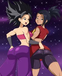  2girls ass backboob black_hair blush bracelet breasts canime caulifla clothes clothes_grab clothes_lift dragon_ball dragon_ball_super ear_piercing embarrassed grabbing happy jewelry kale_(dragon_ball) long_hair looking_back medium_breasts multiple_girls muscular muscular_female open_mouth piercing ponytail skirt skirt_grab skirt_lift smile space star_(sky) yuri  rating:Sensitive score:60 user:SlayDash