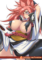  1girl 2017 areola_slip arm_up baiken black_thighhighs blush breasts covered_erect_nipples eyepatch facial_mark furrowed_brow guilty_gear guilty_gear_xrd highres huge_breasts lace lace-trimmed_legwear lace_trim obi open_mouth partially_visible_vulva patreon_logo patreon_username pink_hair ponytail popped_collar red_eyes sash scar scar_across_eye shadow shiny shiny_hair shiny_skin sitting solo sparkle spread_legs teeth thighhighs torahimemax torn_clothes white_background  rating:Questionable score:9 user:fenrir_q