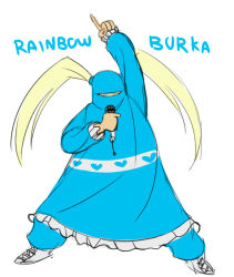  1girl adapted_costume arm_up blonde_hair burqa commentary covered_face full_body greenmarine heart long_hair microphone pointing pointing_up pun rainbow_mika simple_background sketch solo street_fighter street_fighter_v twintails what 