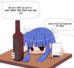  1girl alcohol beer blue_hair blunt_bangs bottle crying crying_with_eyes_open cup english_text evilfrap furude_rika hair_behind_ear highres higurashi_no_naku_koro_ni holding holding_bottle holding_cup looking_down nipa~ open_mouth purple_eyes raised_inner_eyebrows sidelocks solo speech_bubble tears  rating:General score:1 user:danbooru